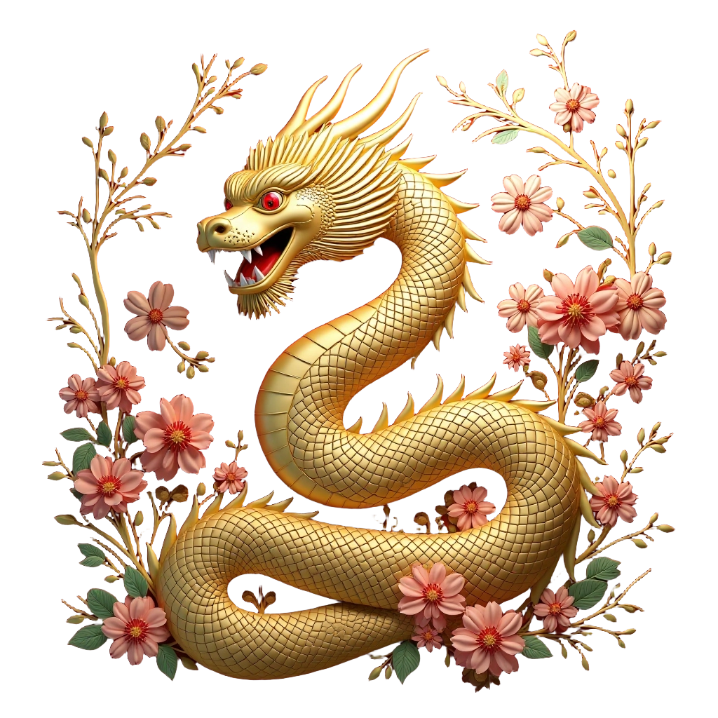 Golden Dragon in Blossoming Garden